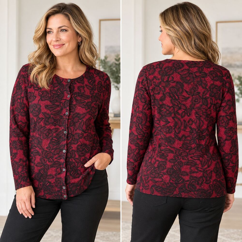 Croft & Barrow Cardigan M Red Black Floral Lace Print Cotton Button Cottagecore
